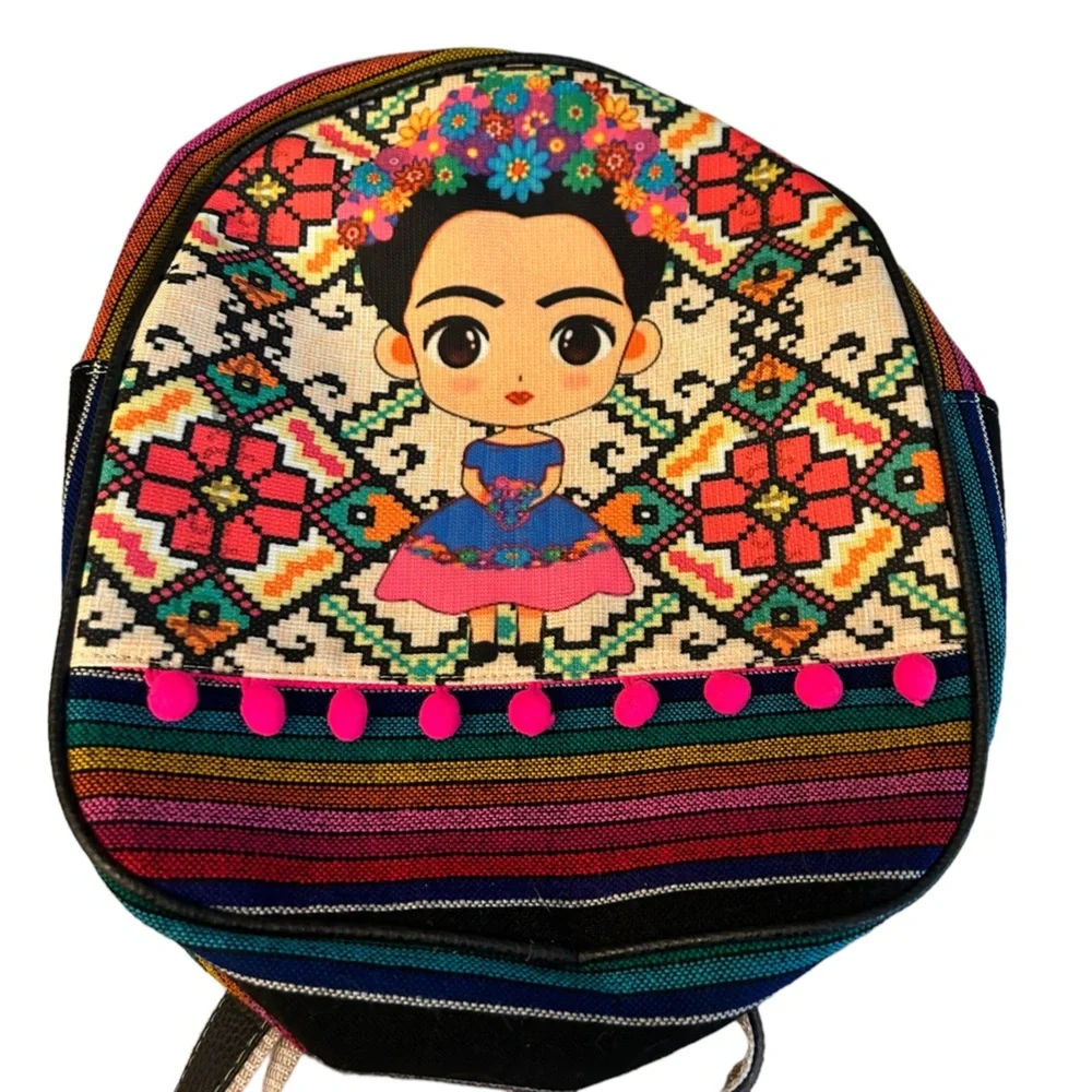 AZTEC Frida Kahlo Backpack Kids Toddler Colorful Southwest Canvas School Bag